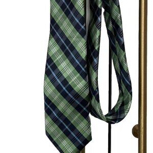 Chaps Boys Necktie Leaf Green Dark Light Blue White Plaid Tie 2.5" Wide x 48"